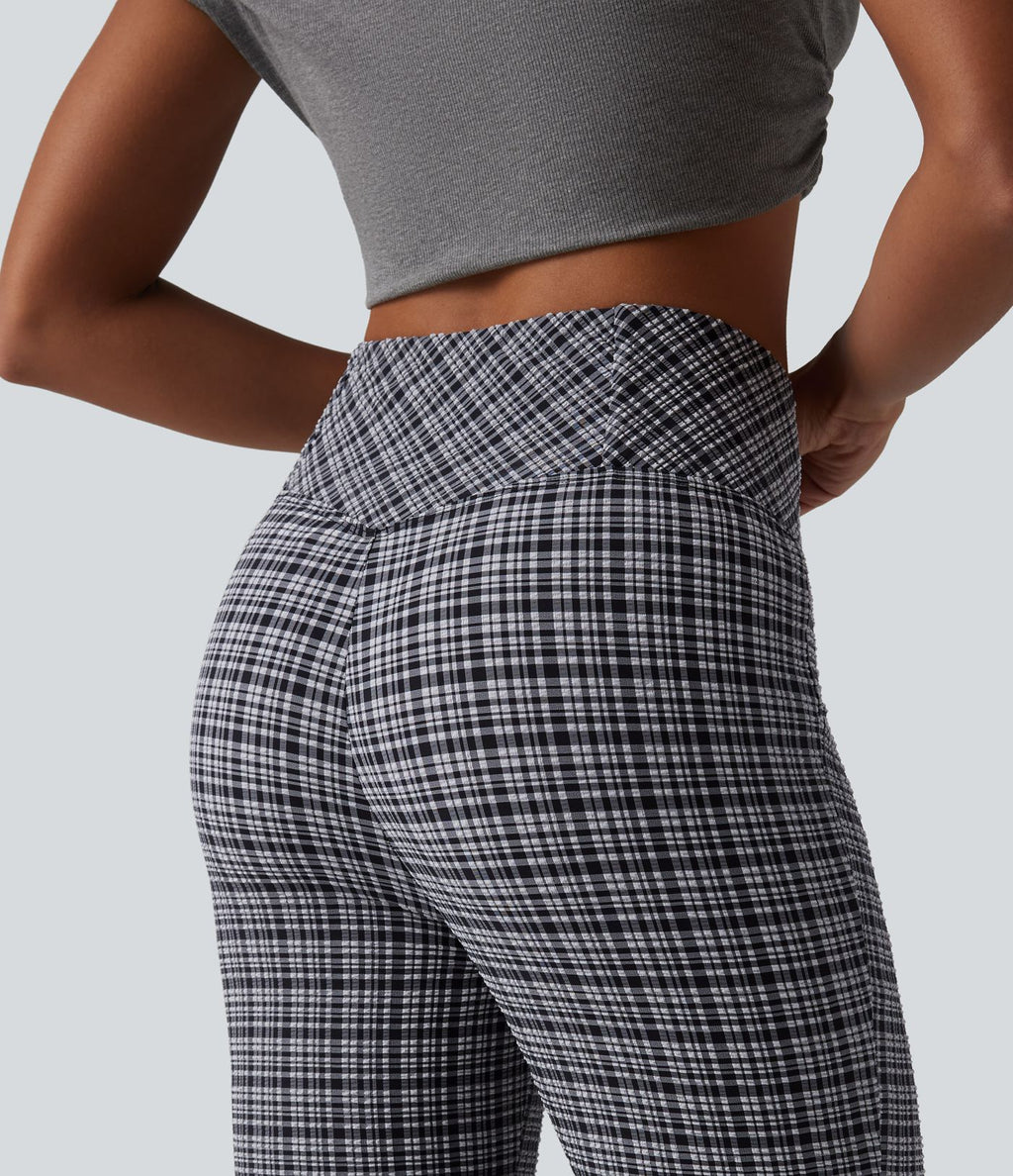 Pantalon évasé taille haute croisée ventre plat à carreaux en tissu froissé séchage rapide avec poches