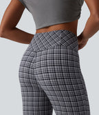 Pantalon évasé taille haute croisée ventre plat à carreaux en tissu froissé séchage rapide avec poches
