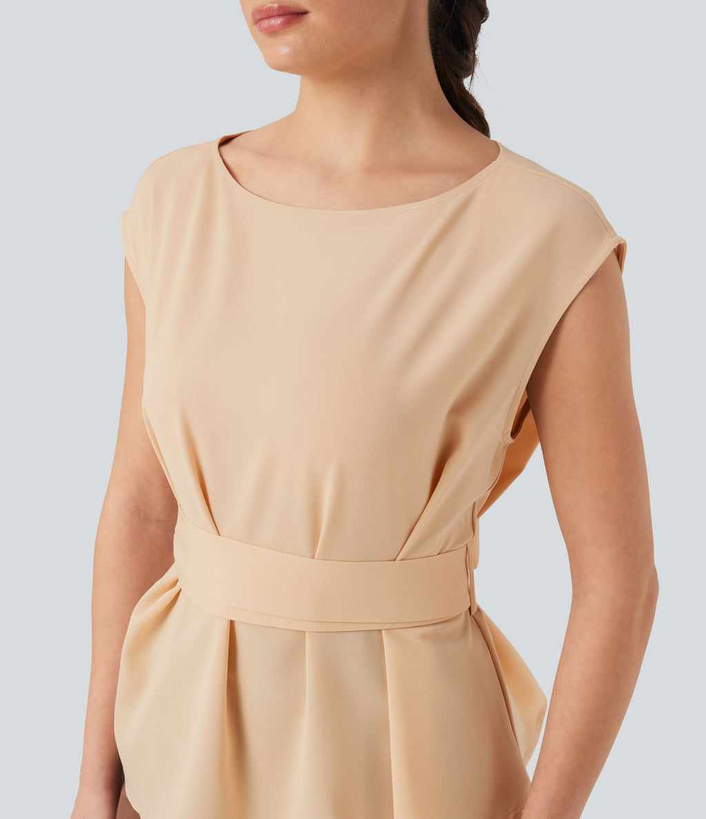 Blouse esprit bureau défroissage facile sans manches, encolure bateau et lien au dos