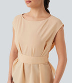 Blouse esprit bureau défroissage facile sans manches, encolure bateau et lien au dos