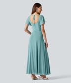 Robe maxi fluide col carré manches courtes soutien-gorge intégré dos noué