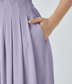 Pantalon décontracté palazzo en maille gaufrée, fluide, large, plissé, taille haute, avec poches