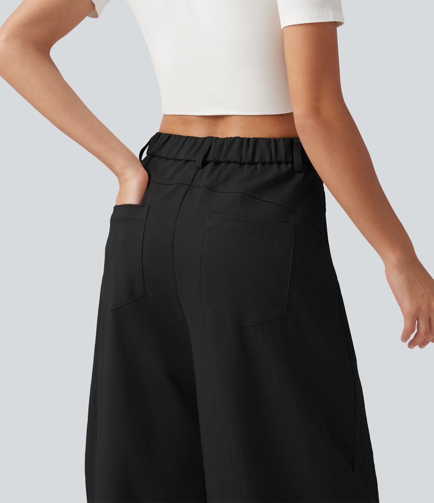 Pantalon casual taille mi-haute coupe barrel avec poches