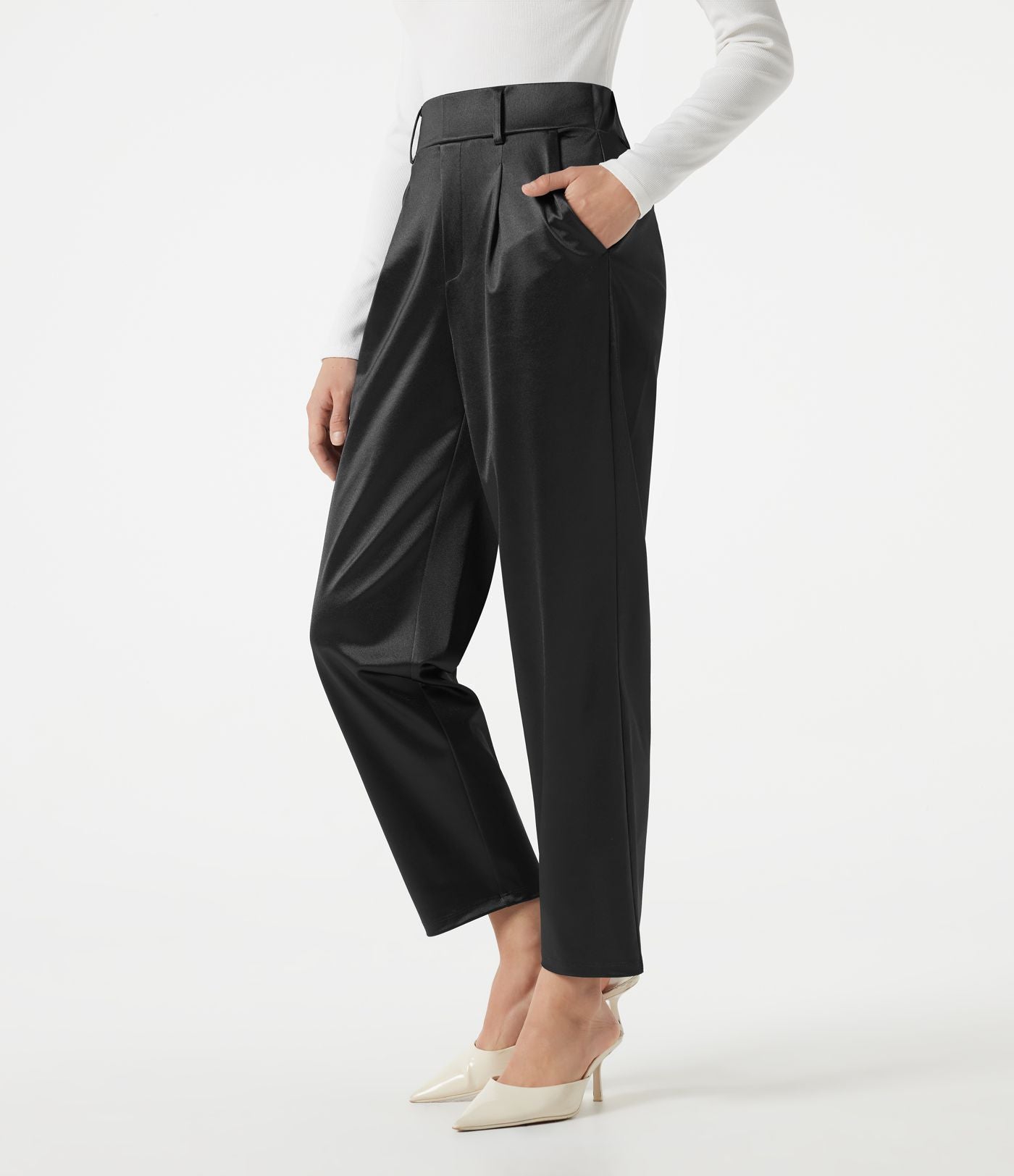 Pantalon habillé fuselé taille haute en satin avec poches