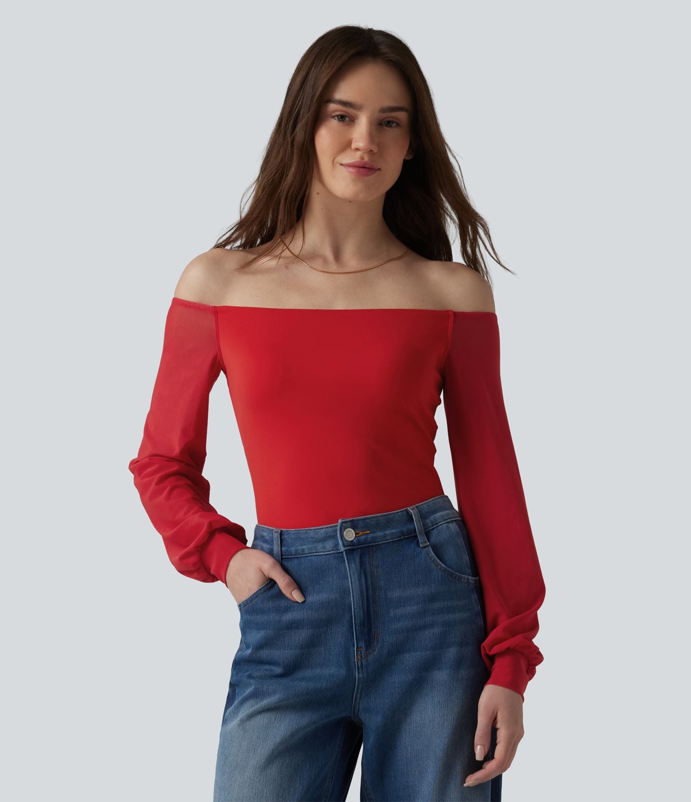 T-shirt SoftlyZero™ Airy décontracté épaules dénudées manches longues en tulle respirant effet frais InstantCool avec brassière intégrée, protection solaire UPF50+