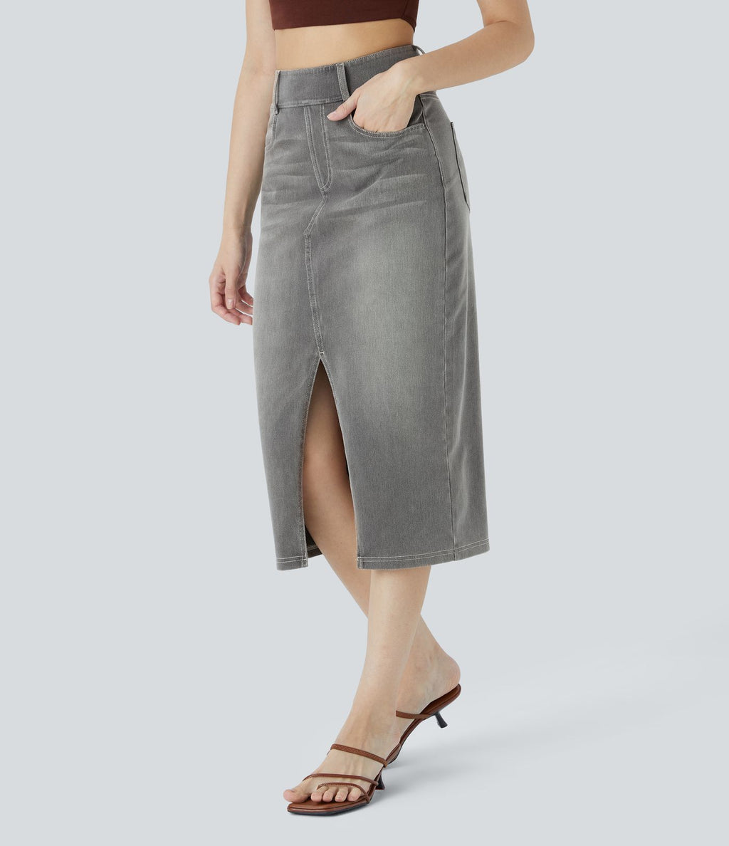 Halara Flex™ Jupe en Jean Casual Mi-Longue Délavé Extensible Plusieurs Poches Taille Haute