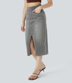 Halara Flex™ Jupe en Jean Casual Mi-Longue Délavé Extensible Plusieurs Poches Taille Haute