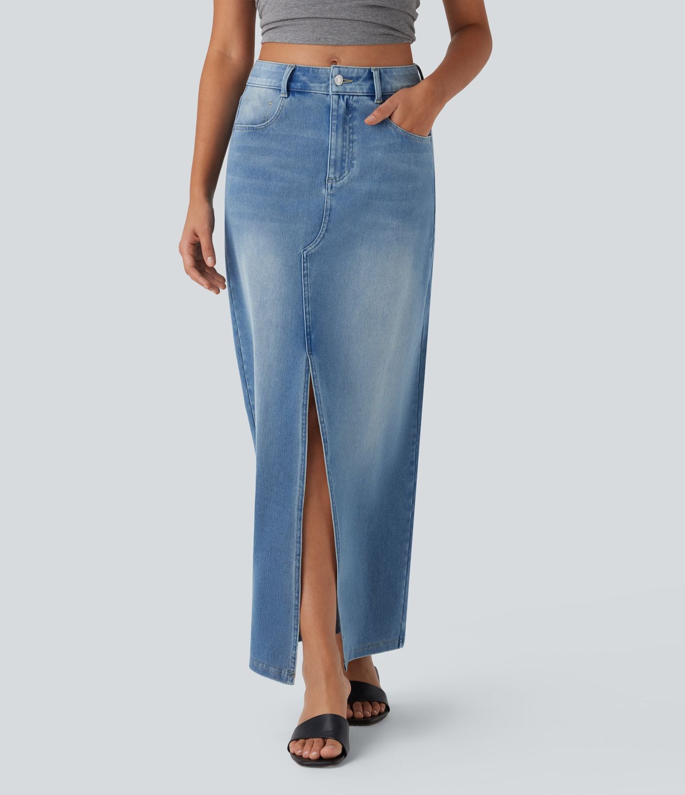 Halara Flex™ Jupe en Jean longue décontractée extensible délavé taille moyenne avec fente et multiples poches