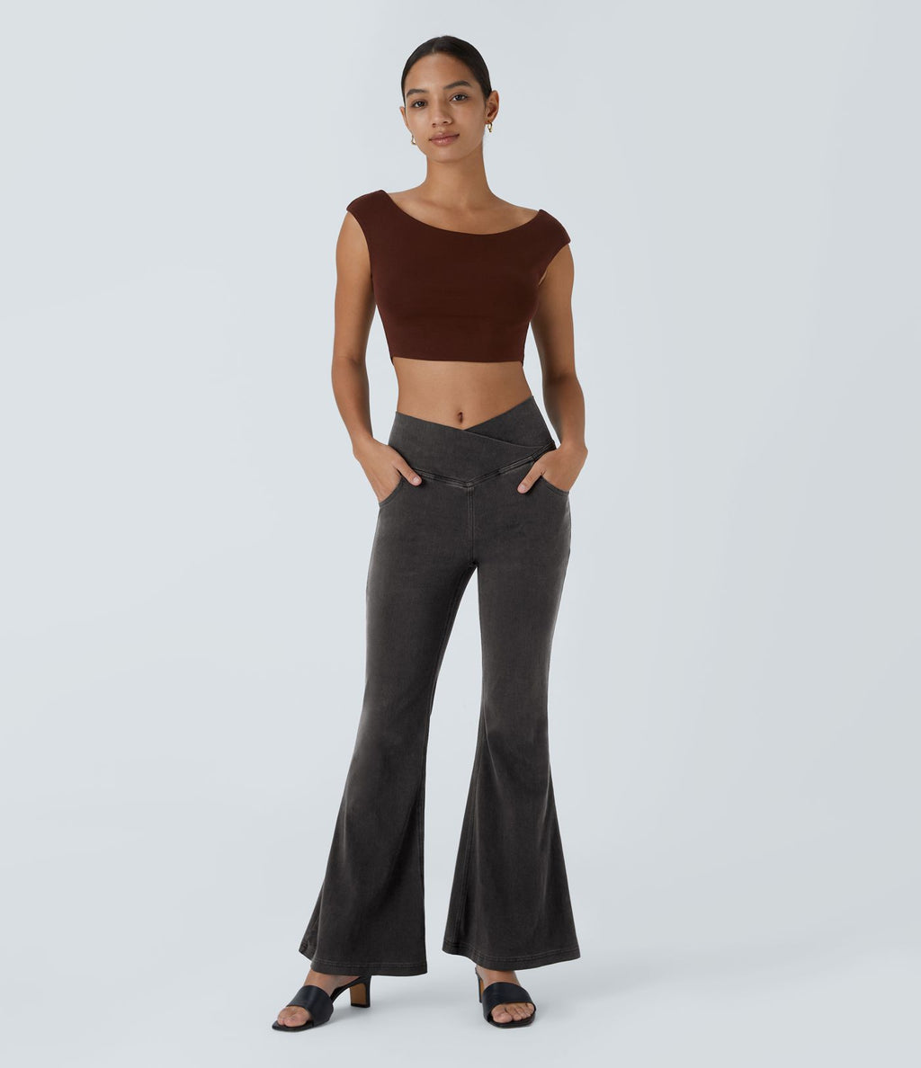 Halara Flex™ - Jean Ultra Evasé Tricot Extensible Lavé Poches Croisées Taille Haute