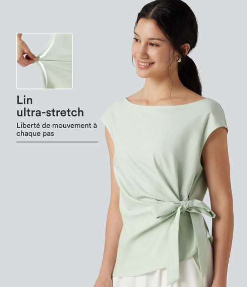Blouse casual col bateau en mélange de lin à [manches cap] nouée sur le côté