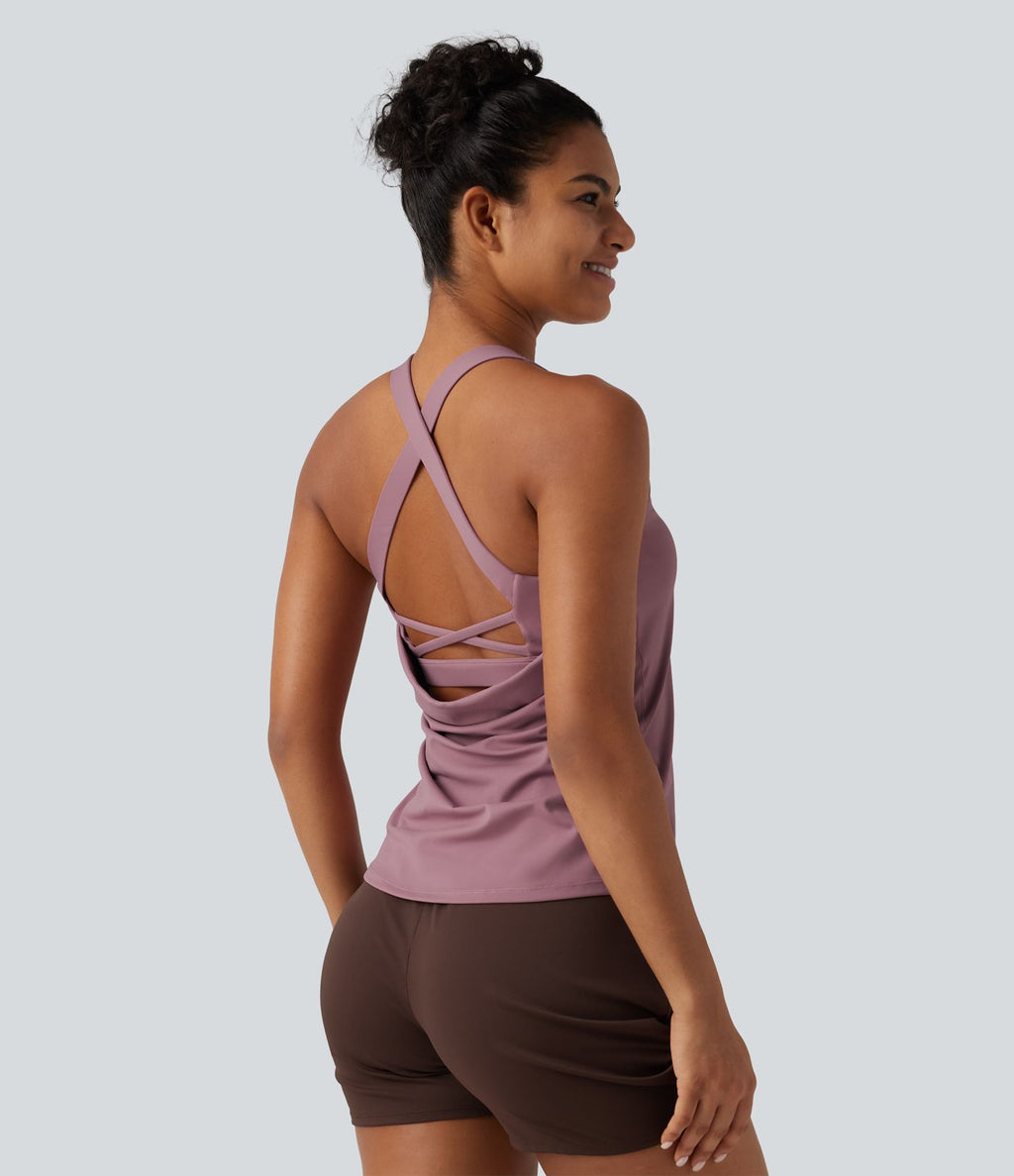 Débardeur de yoga à encolure U, toucher frais, séchage rapide, coussinets amovibles et protection solaire UPF 50+