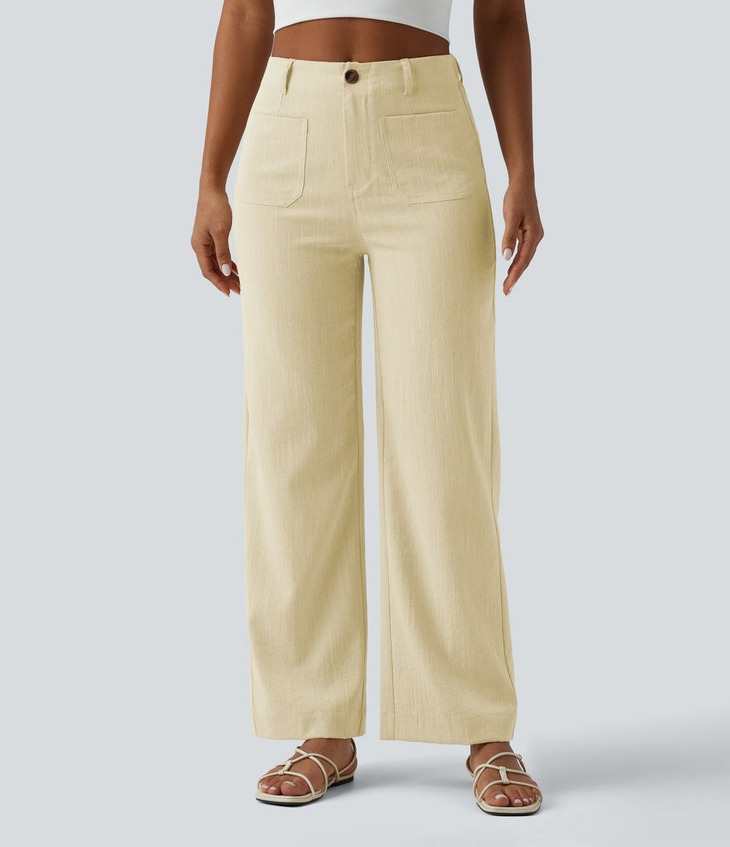 Pantalon taille haute coupe droite effet lin avec poches