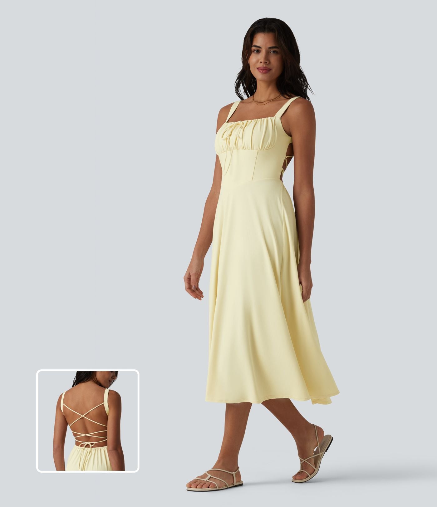 Robe fluide midi de villégiature sans manches, encolure carrée, dos nu croisé, fronces et soutien-gorge intégré