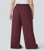 Pantalon décontracté grande taille large fluide taille haute effet lin avec cordon de serrage et poches