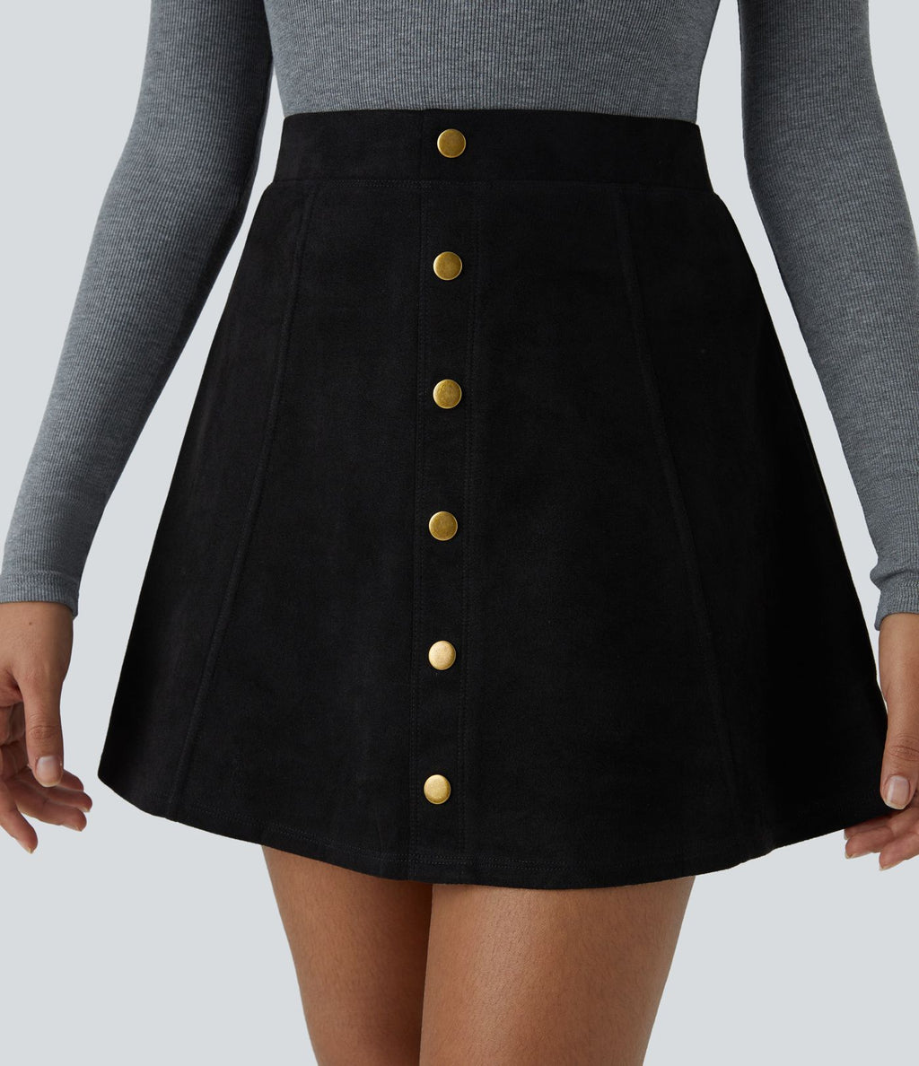 Jupe-short décontractée 2-en-1 en suédine taille haute, boutons décoratifs et coupe évasée