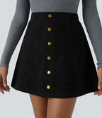 Jupe-short décontractée 2-en-1 en suédine taille haute, boutons décoratifs et coupe évasée