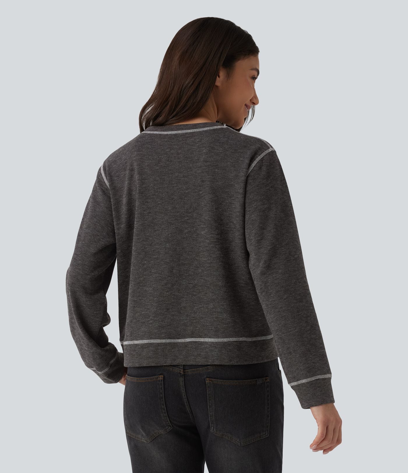 Sweat-shirt casual chiné col rond à manches longues avec surpiqûres