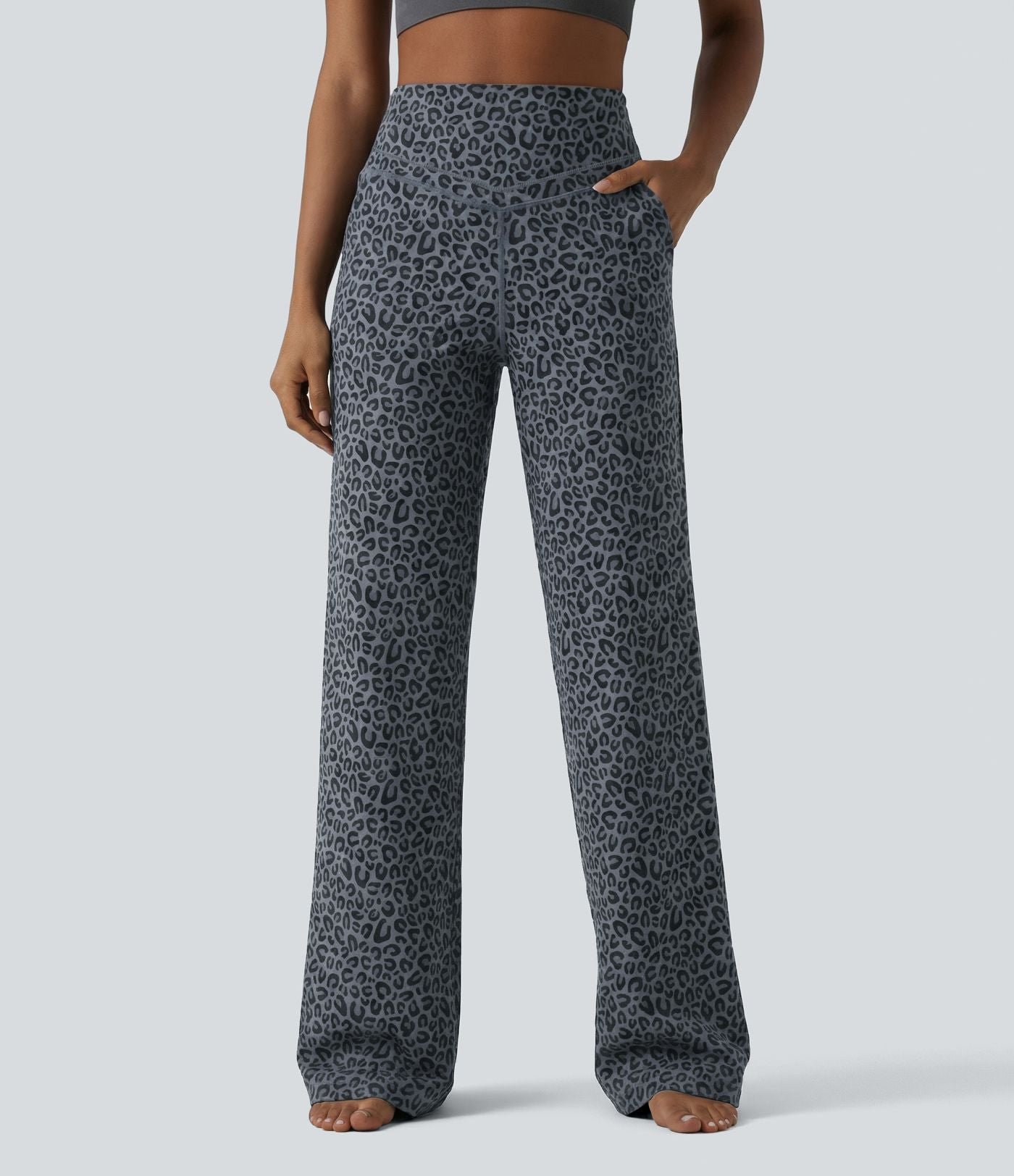 Pantalon de yoga jambes droites taille haute gainant imprimé léopard Halara UltraSculpt™ avec poches
