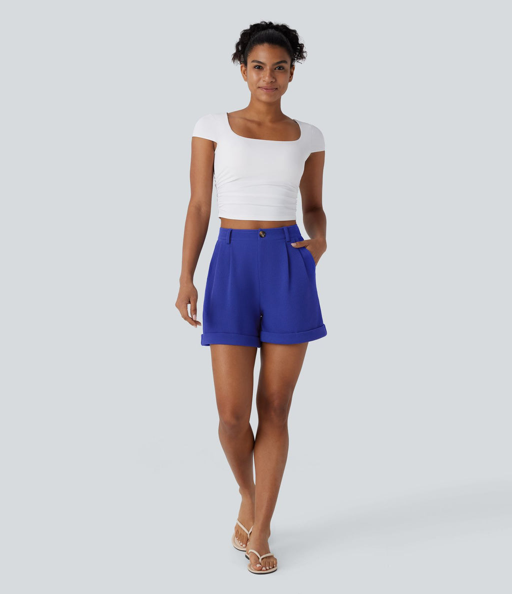 Short décontracté gaufré à taille haute, fermeture zippée, bouton et poches latérales