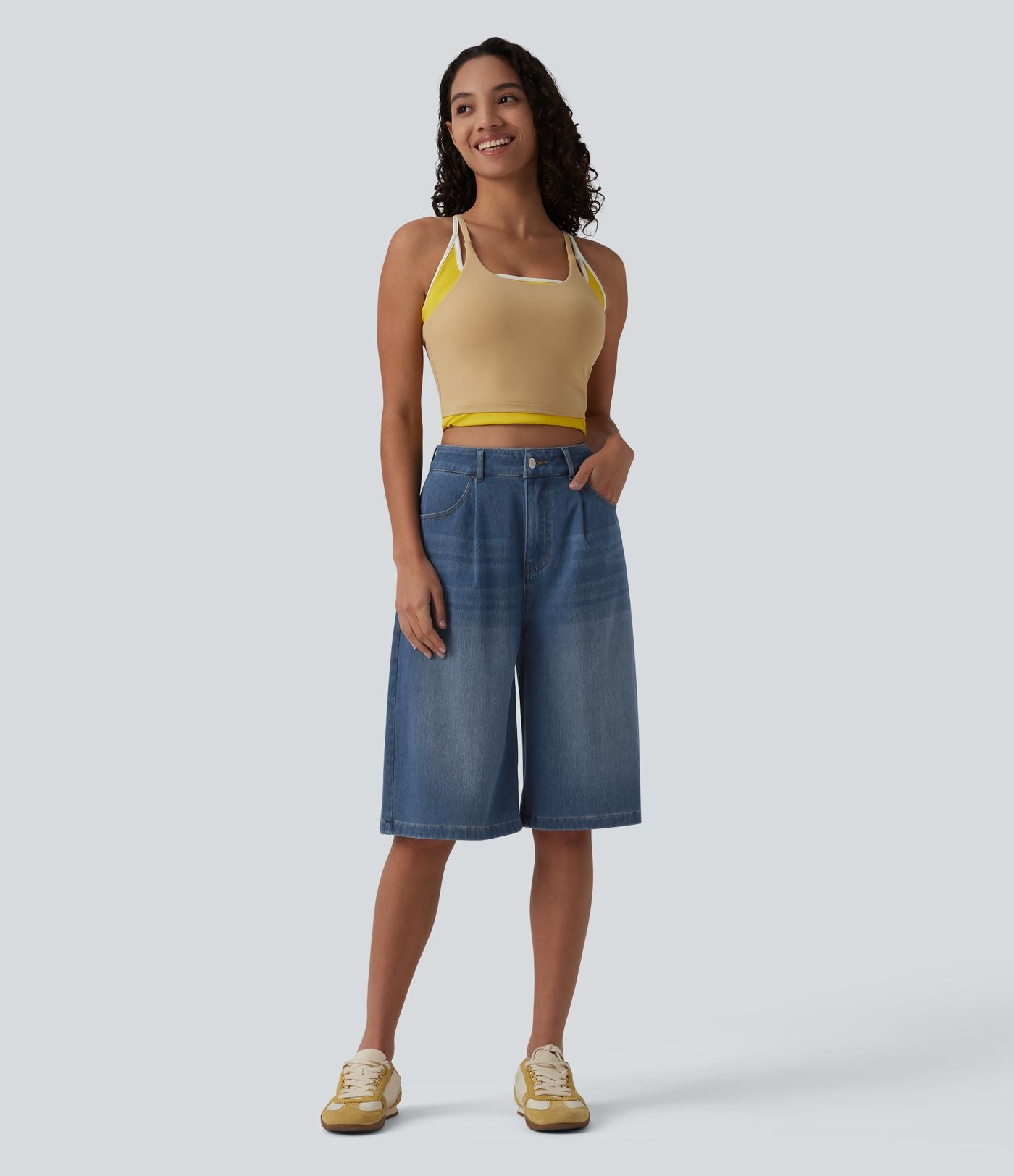 Bermuda denim décontracté Halara Flex™ taille haute avec poches
