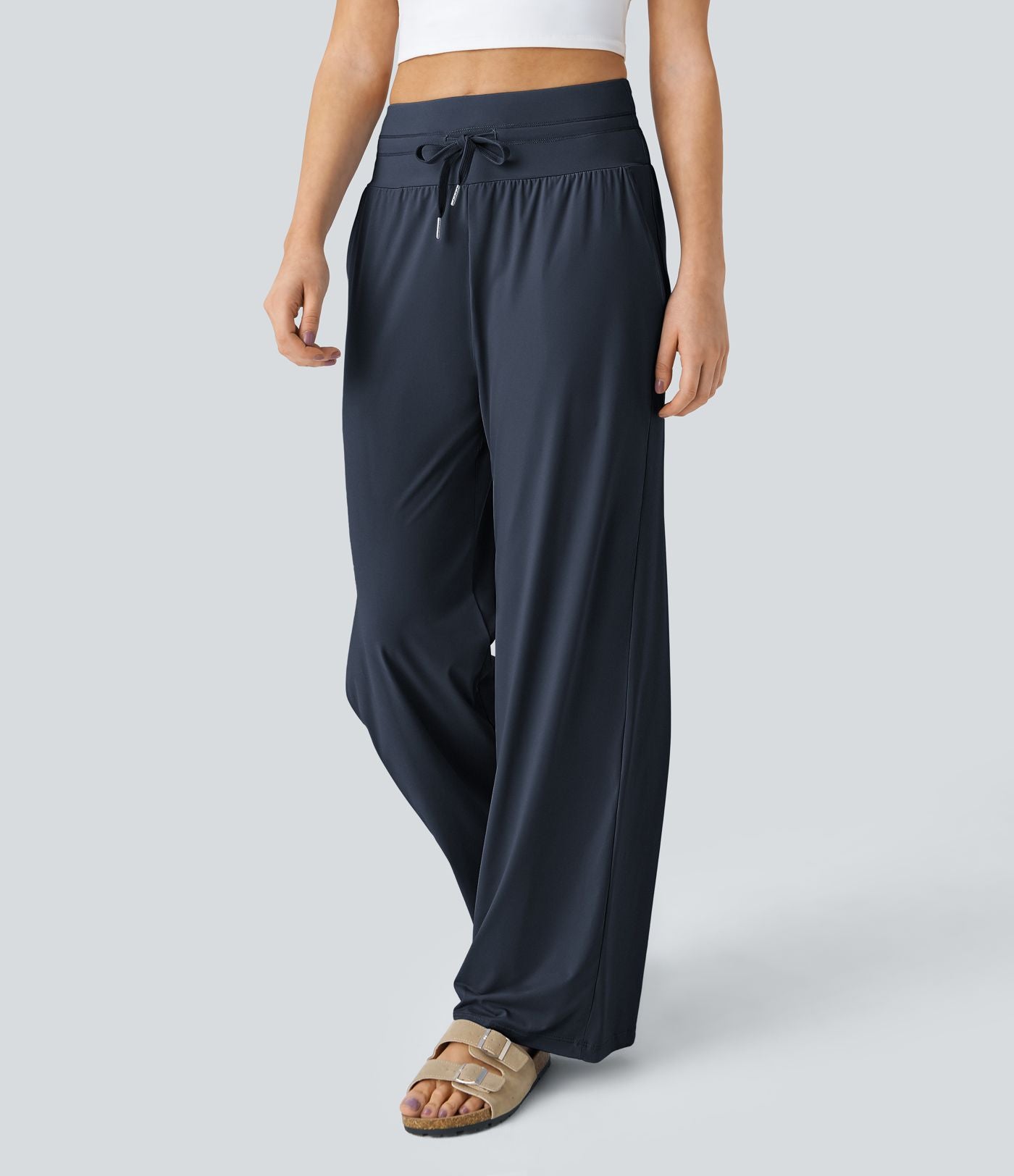 Pantalon large décontracté taille haute cordon de serrage poches latérales effet frais InstantCool