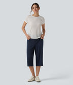Pantalon casual capri large croisé taille mi-haute avec poches
