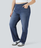 Jean décontracté Halara Flex™ grande taille, taille haute, multiples poches, jambes droites, effet délavé, en maille extensible