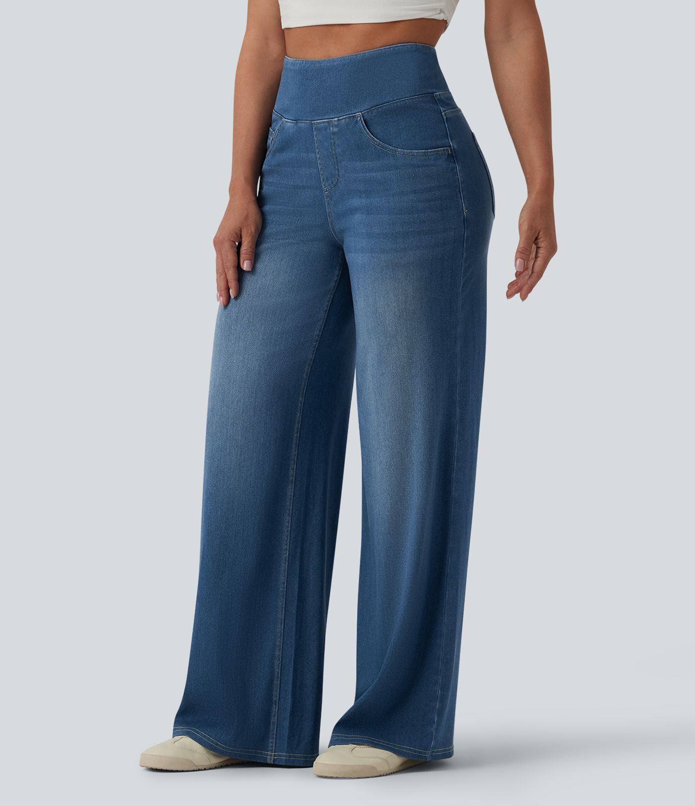 Halara Flex™ Jean large casual taille haute ventre plat, en lyocell drapé effet délavé, avec poches