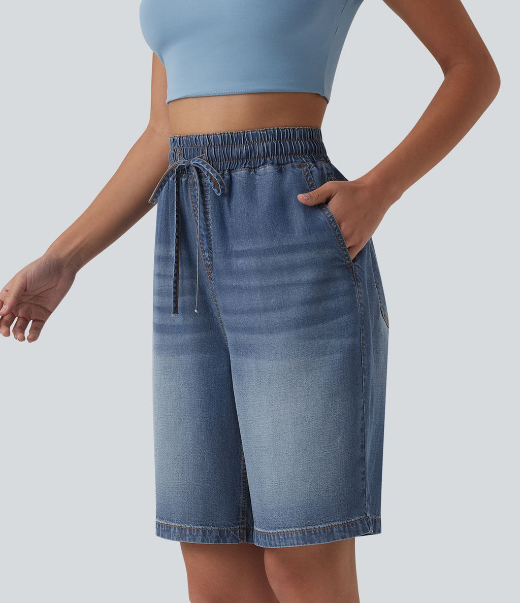 Short denim décontracté taille haute en lyocell 22,8 cm avec cordon de serrage et poches