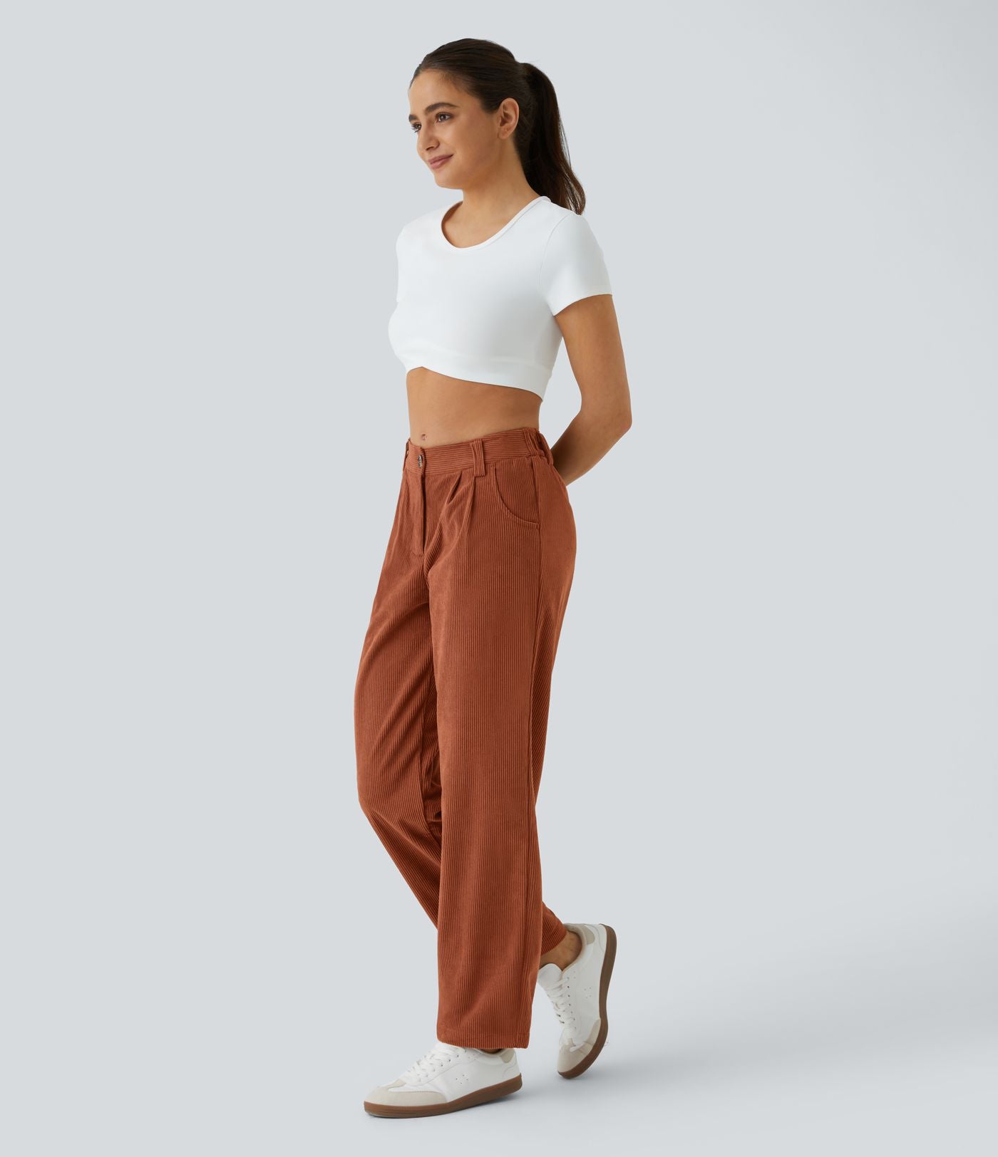 Pantalon en velours côtelé décontracté taille moyenne avec poches latérales