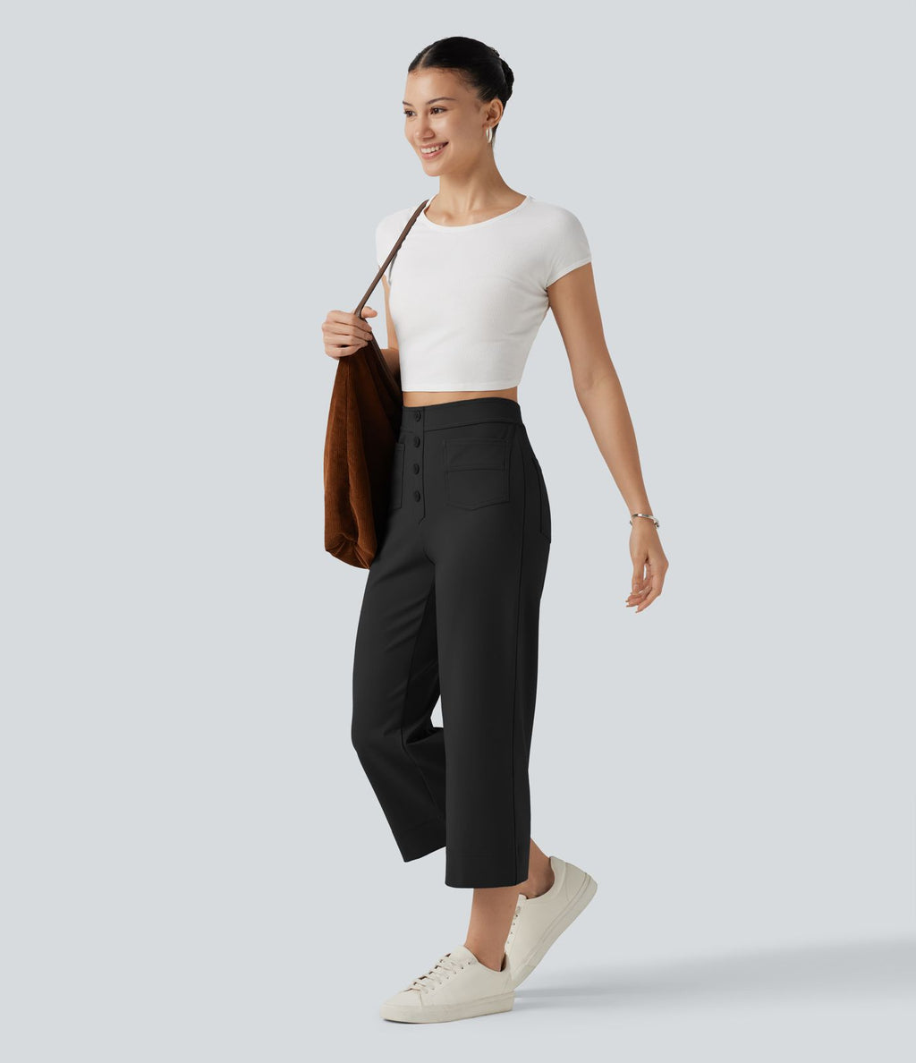 Pantalon coupe droite DayStretch décontracté court, taille haute, à poches