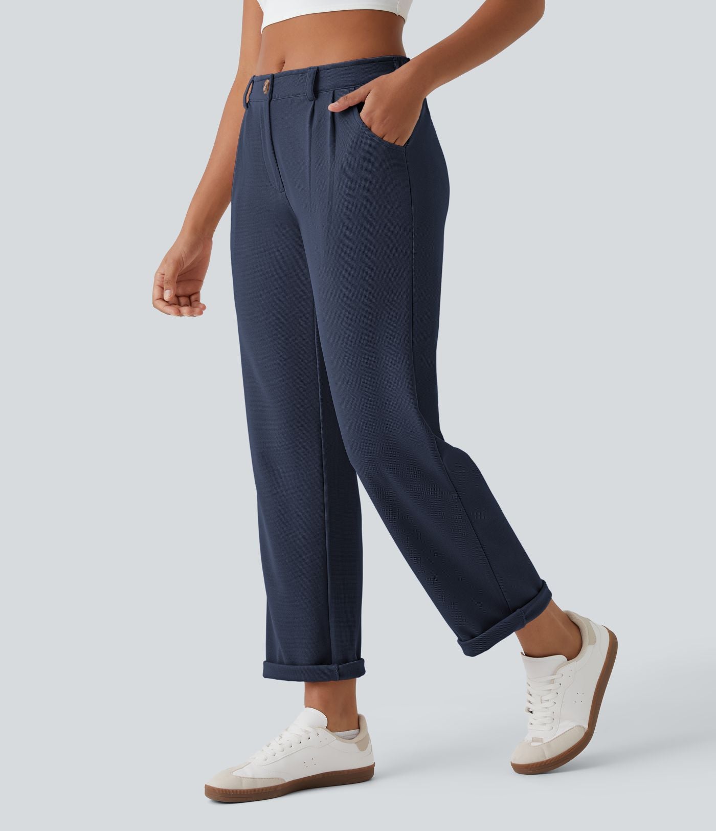 Pantalon casual taille mi-haute en maille gaufrée avec poche zippée