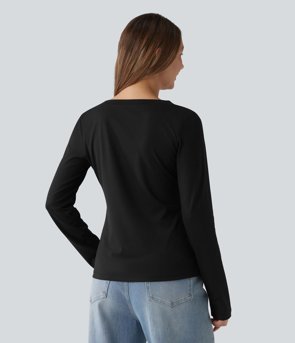 T-shirt casual 2-en-1 col V à manches longues