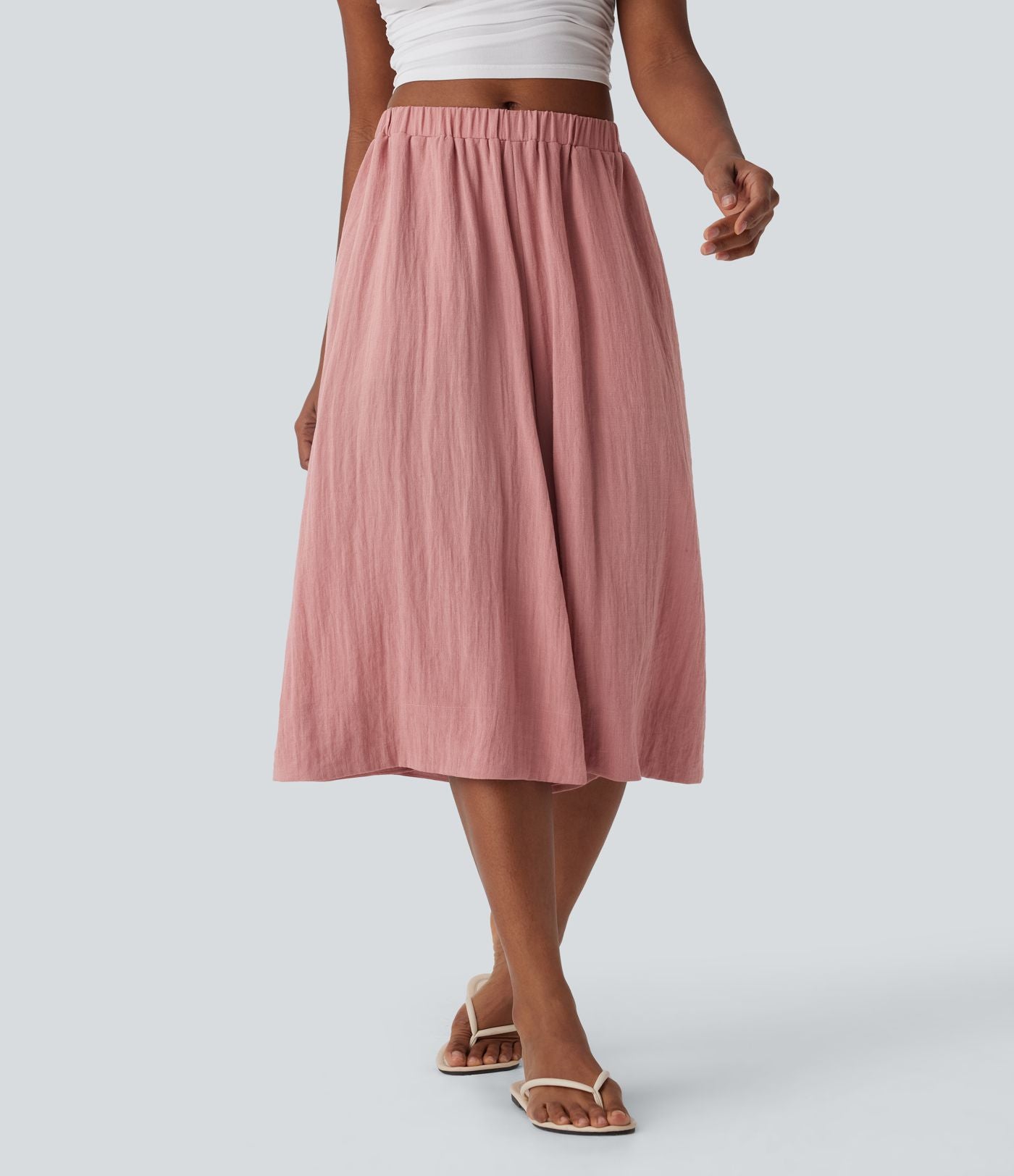Pantalon fluide large taille mi-haute effet lin avec poche
