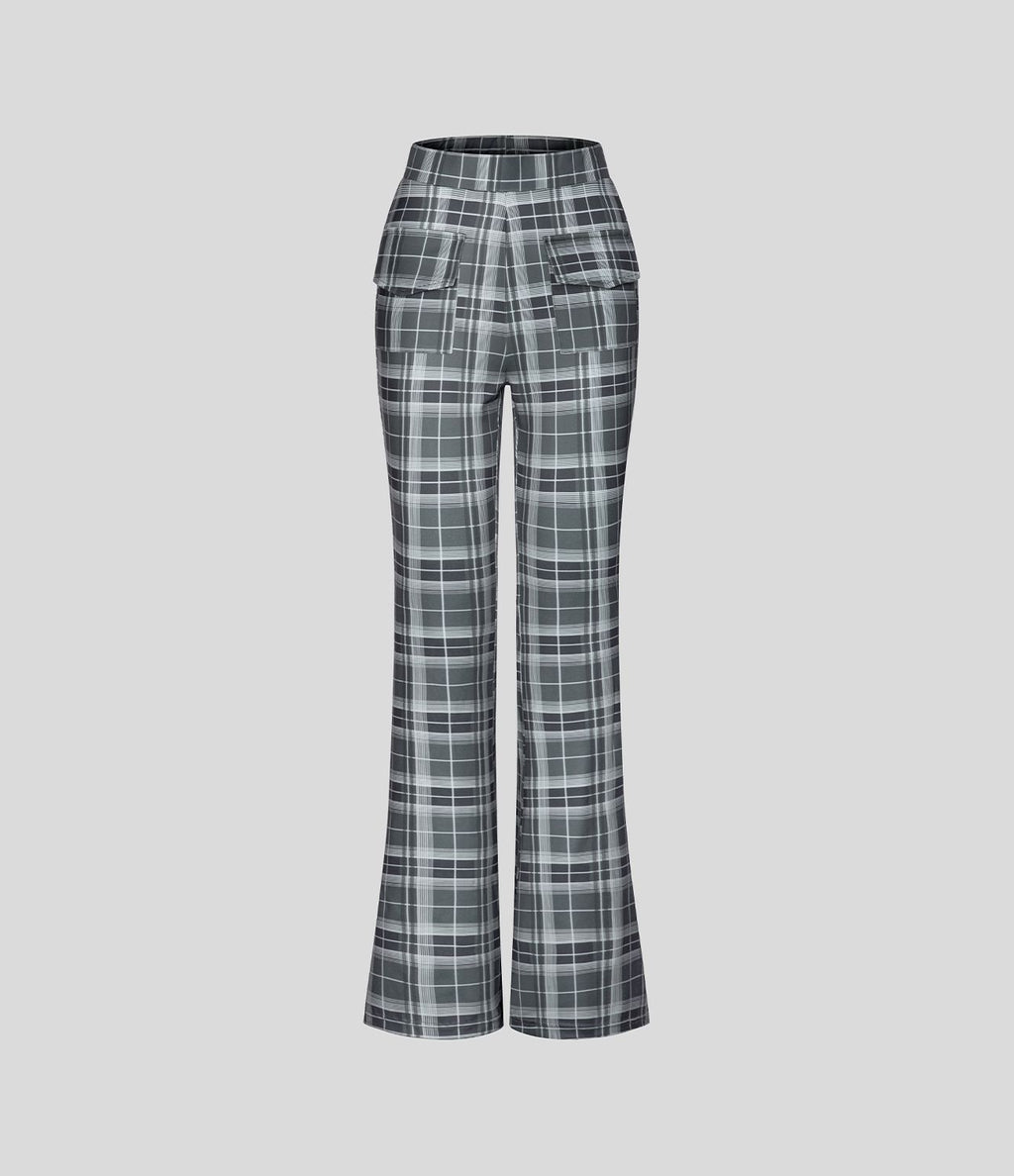 Pantalon Casual à Carreaux Évasé et Taille Haute avec Poches