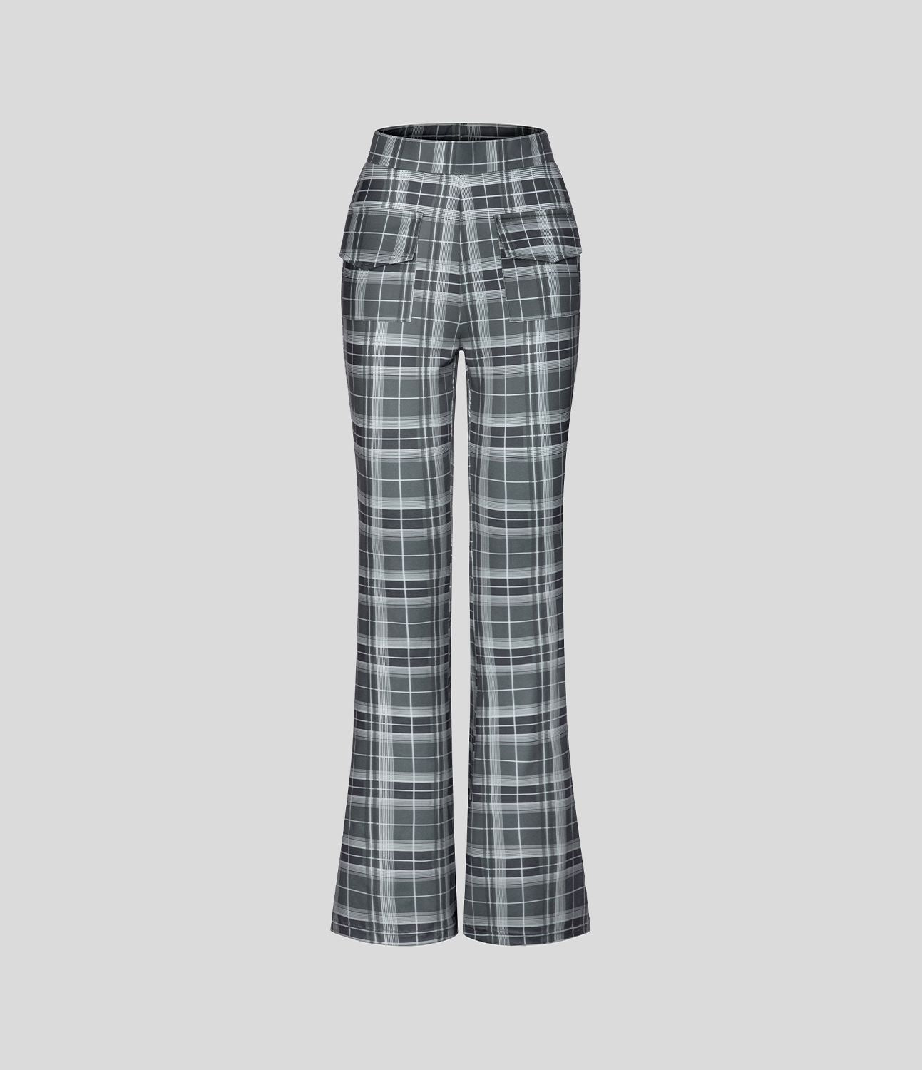 Pantalon Casual à Carreaux Évasé et Taille Haute avec Poches