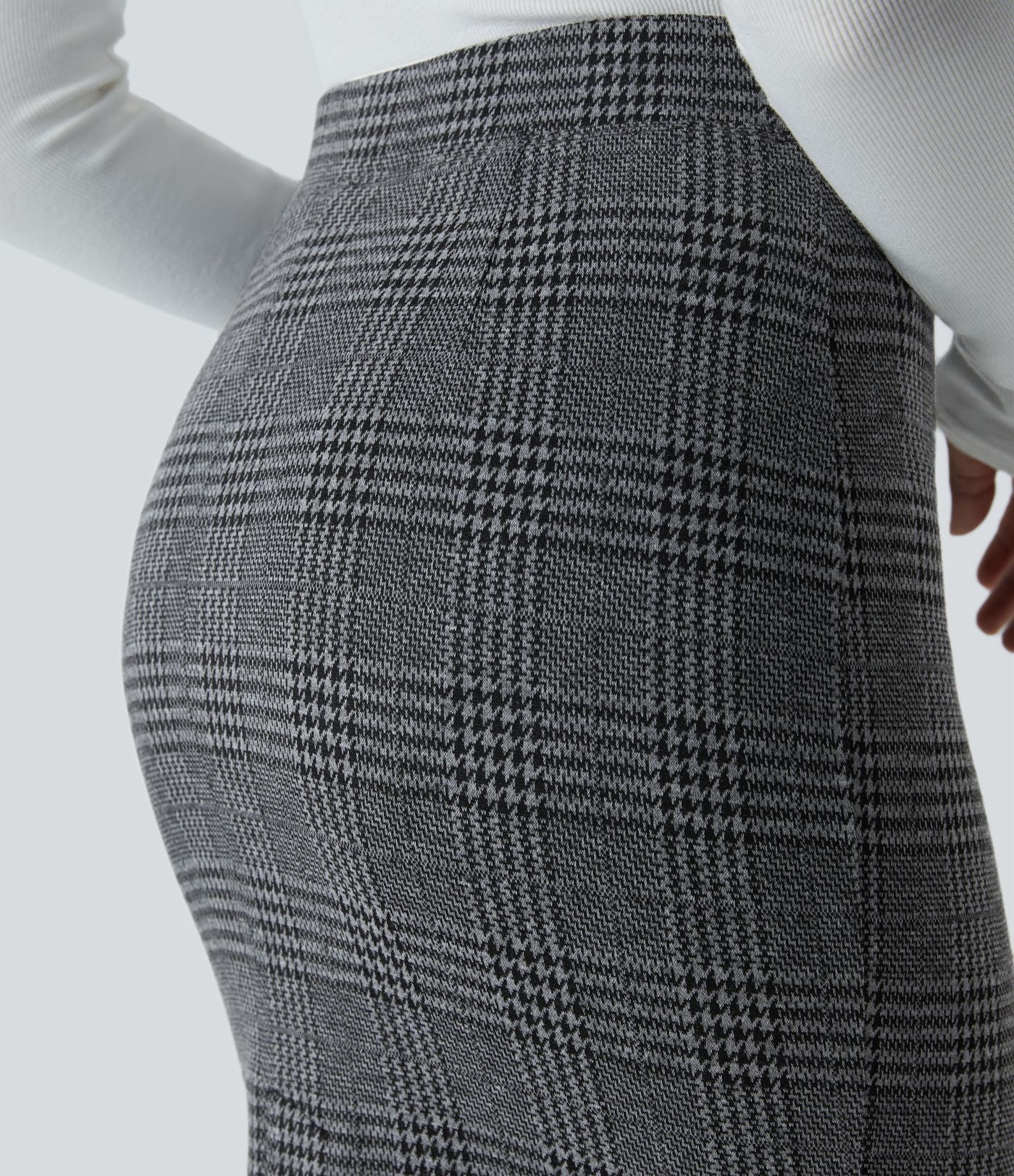 Jupe crayon de travail à taille haute, fente et motif pied-de-poule et carreaux