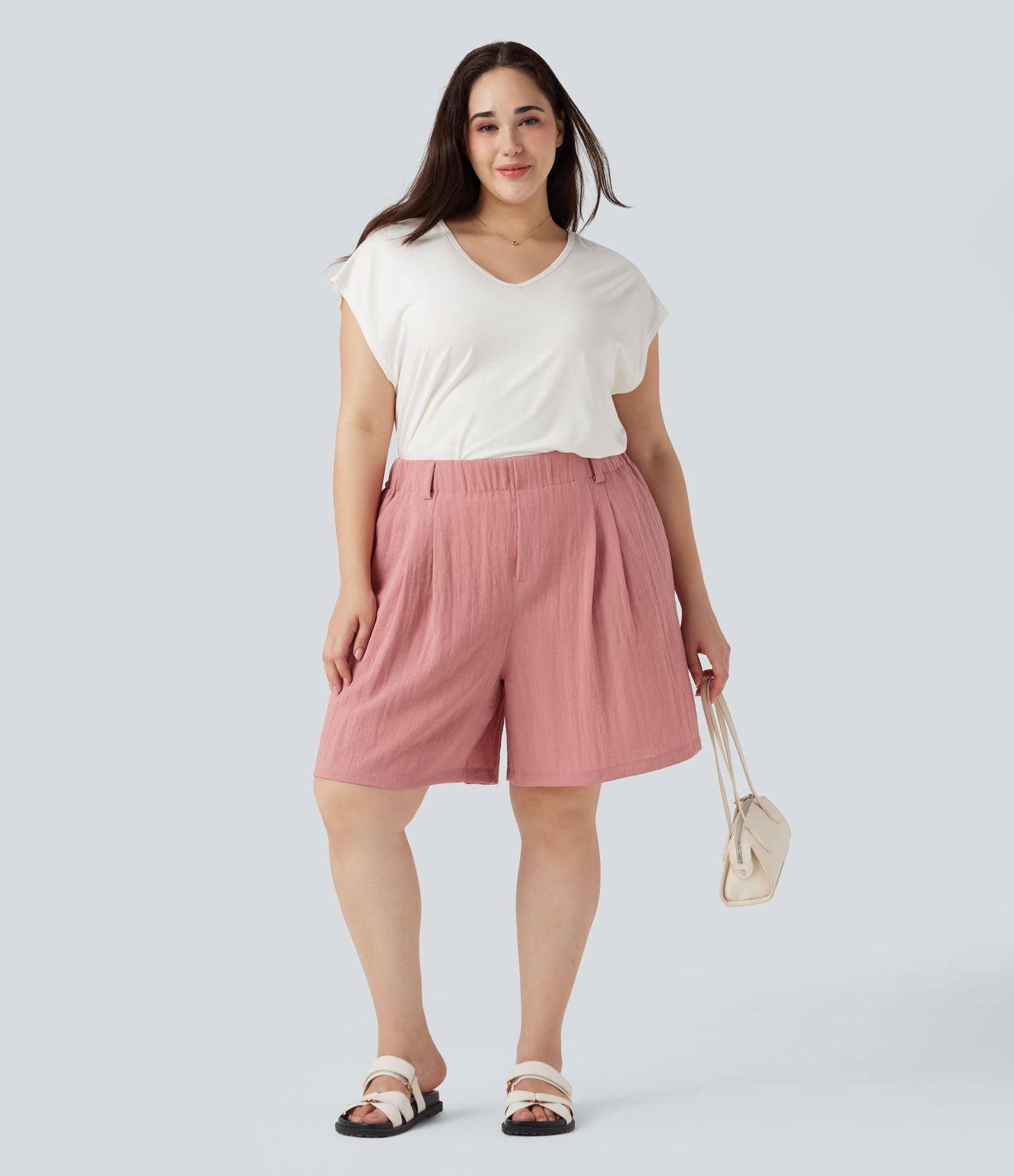 Bermuda décontracté grande taille aspect lin taille haute avec poches