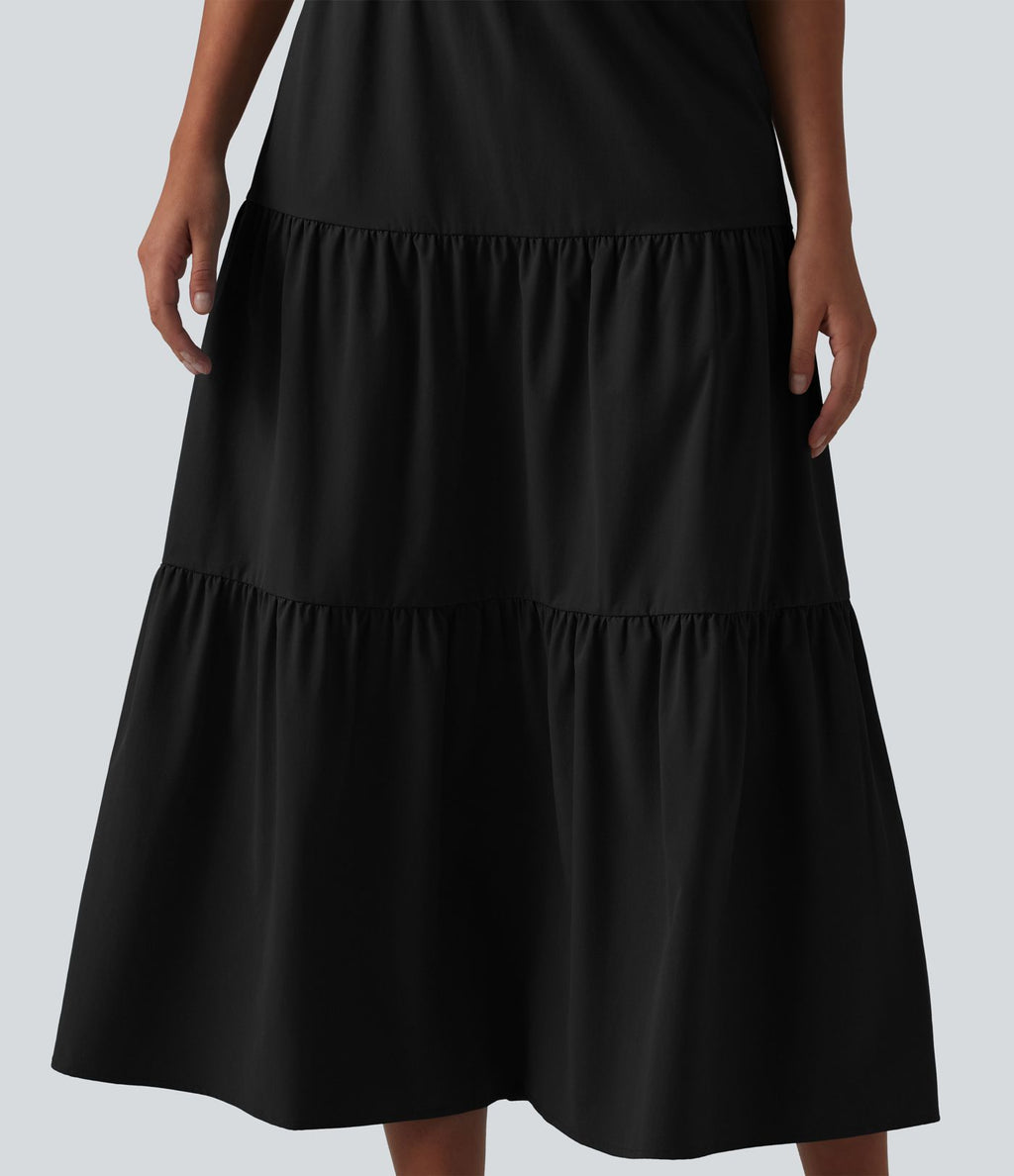 Robe midi décontractée en popeline stretch à manches courtes et col en V