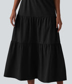 Robe midi décontractée en popeline stretch à manches courtes et col en V