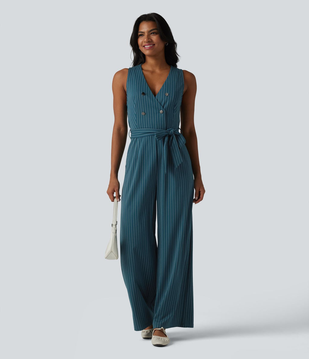 Combinaison tailleur sans manches à col V, ceinturée, avec zip invisible, rayures et effet frais avec poches, accès facile Easy Peasy