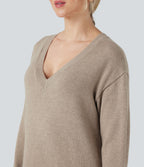 Robe pull laine mélangée col V manches longues mi-longue - réversible devant et dos