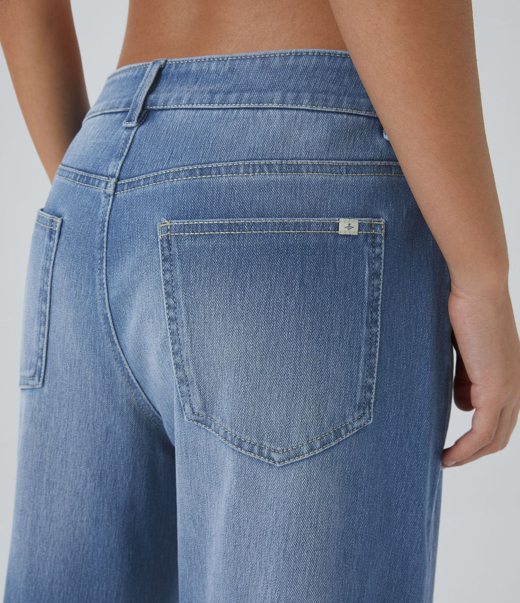 Halara Flex™ Jean Large Casual Taille Basse avec Boutons Zip Multiples Poches Lavés Élastiques et Tricotés