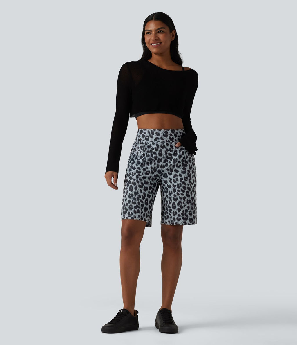 Short ample taille haute en tissu gaufré imprimé léopard 25 cm avec poches