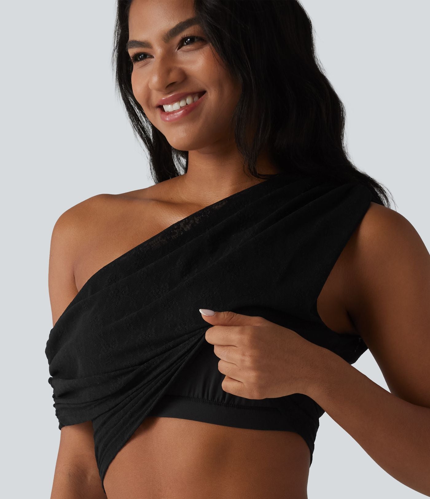 Haut de sport décontracté en dentelle froncée, à une épaule et soutien-gorge intégré