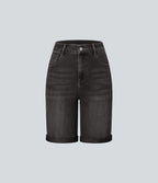 Bermuda décontracté en jean extensible délavé Halara Flex™ taille haute avec revers et multiples poches
