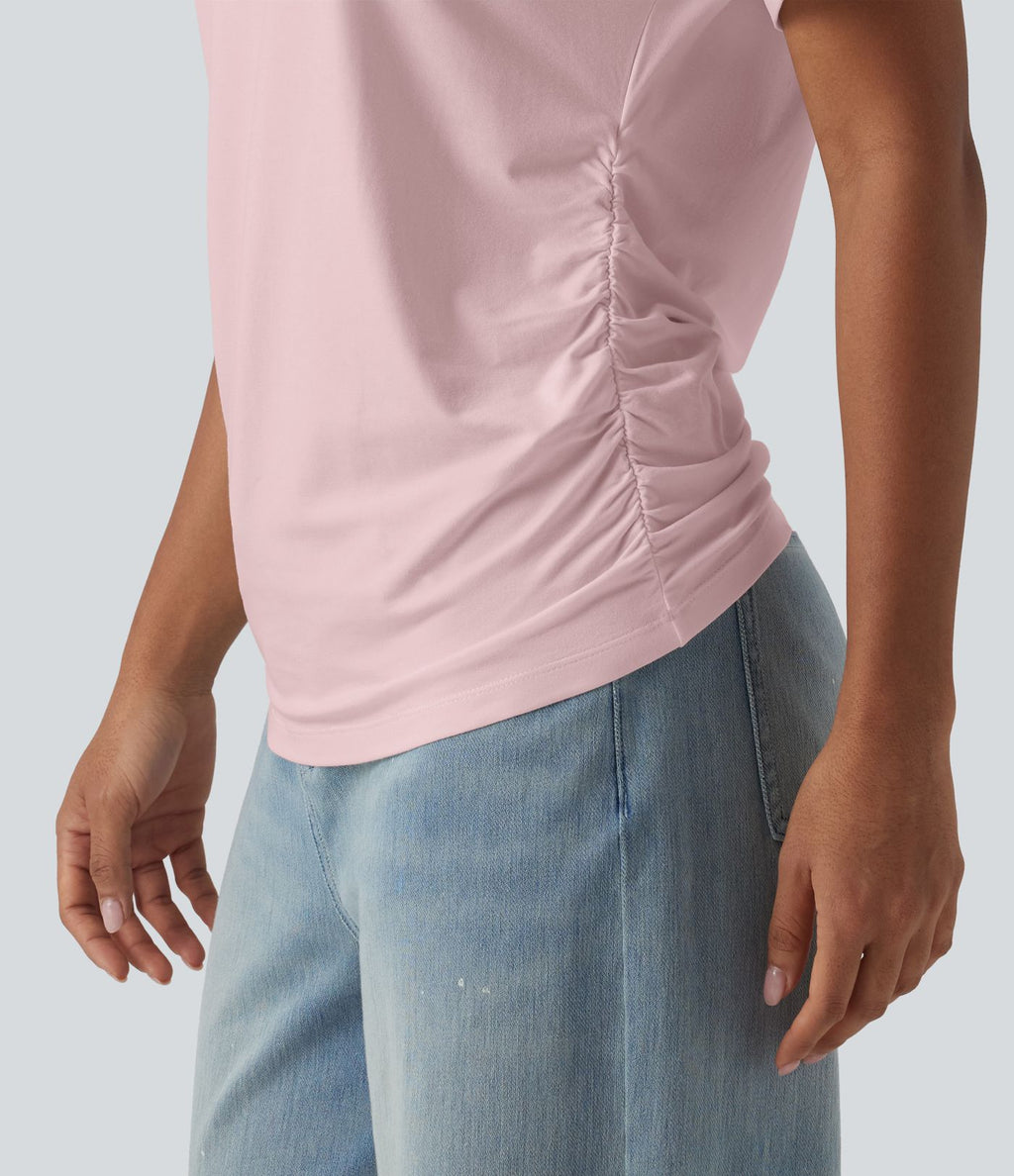T-shirt décontracté uni à manches courtes, col V et fronces