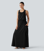 Robe longue casual drapée sans manches à dos ajouré avec poches