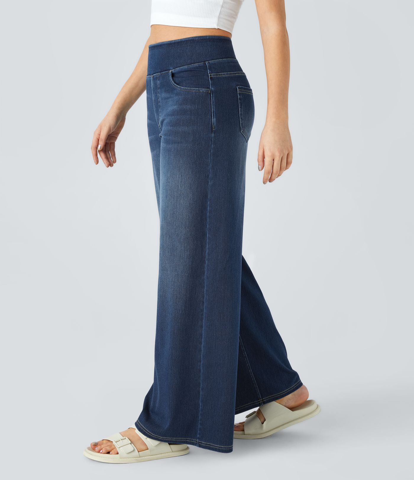 Halara Flex™ Jean Large Casual Taille Haute Poches Multiples Tricot Extensible Délavé