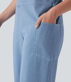 Salopette décontractée Halara Flex™ en denim extensible délavé, col V et poches latérales